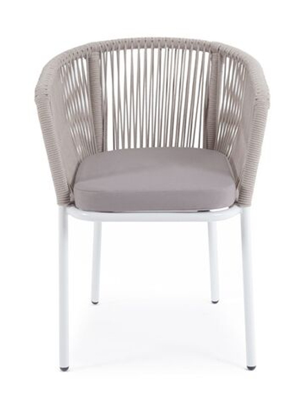 "Марсель" стул плетеный из роупа, каркас алюминий белый муар, роуп бежевый круглый, ткань бежевая 035