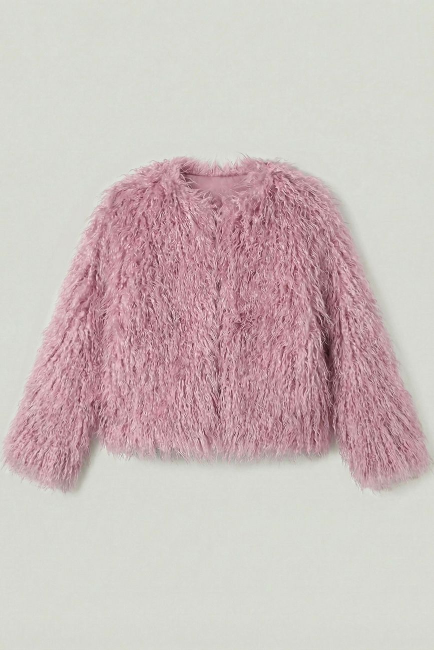 Шуба укороченная из искусственного меха ламы, розовый