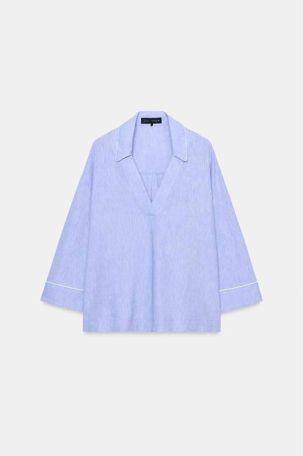 ZARA БЛУЗА ИЗ ЛЬНА С КОНТРАСТНОЙ ОТДЕЛКОЙ, ГОЛУБОЙ