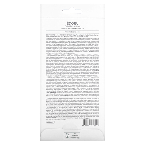 Edgeu, Гелевые обертывания для ногтей Perfect, ENA514, красное одеяло в клетку, набор из 16 полосок