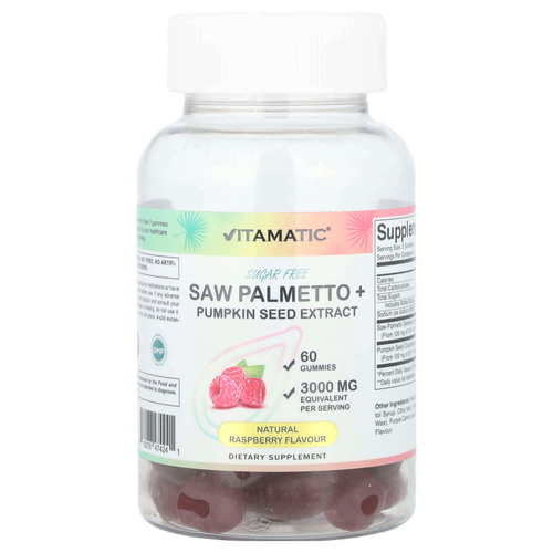 Vitamatic, Saw Palmetto + экстракт тыквенных семечек, натуральная малина, 60 жевательных таблеток