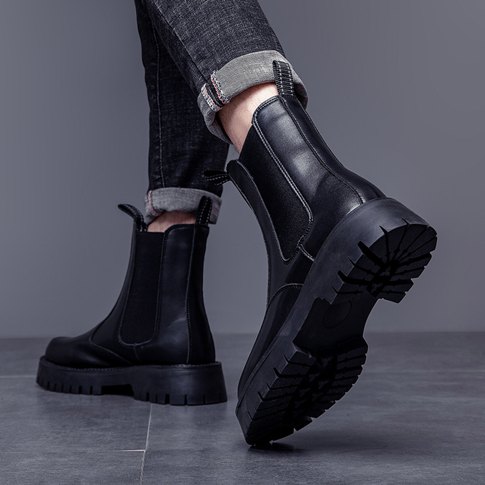 PLO CART Cow Split Leather Crew Chelsea Boots Men"s Black