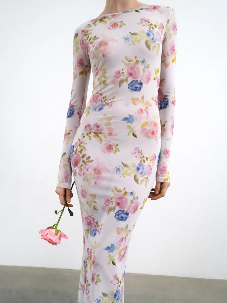 Моне макси (Monet maxi), платье макси из молочной сетки с цветочным принтом