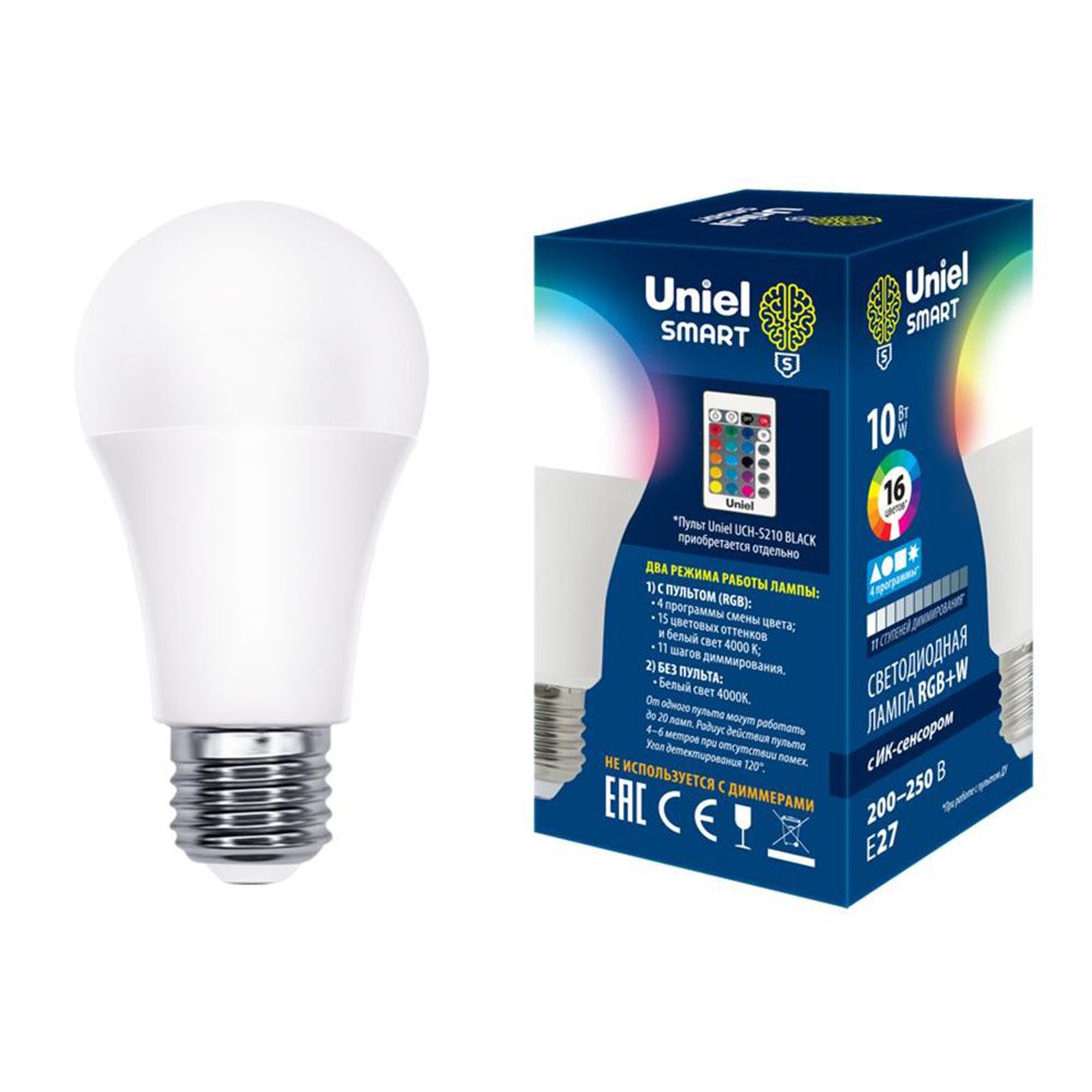 LED-A60-10W/RGB/E27/REG PLS21WH Лампа светодиодная с ИК сенсором. Форма А, матовая. RGB свет. Пульт ДУ (н/к). Картон. ТМ Uniel