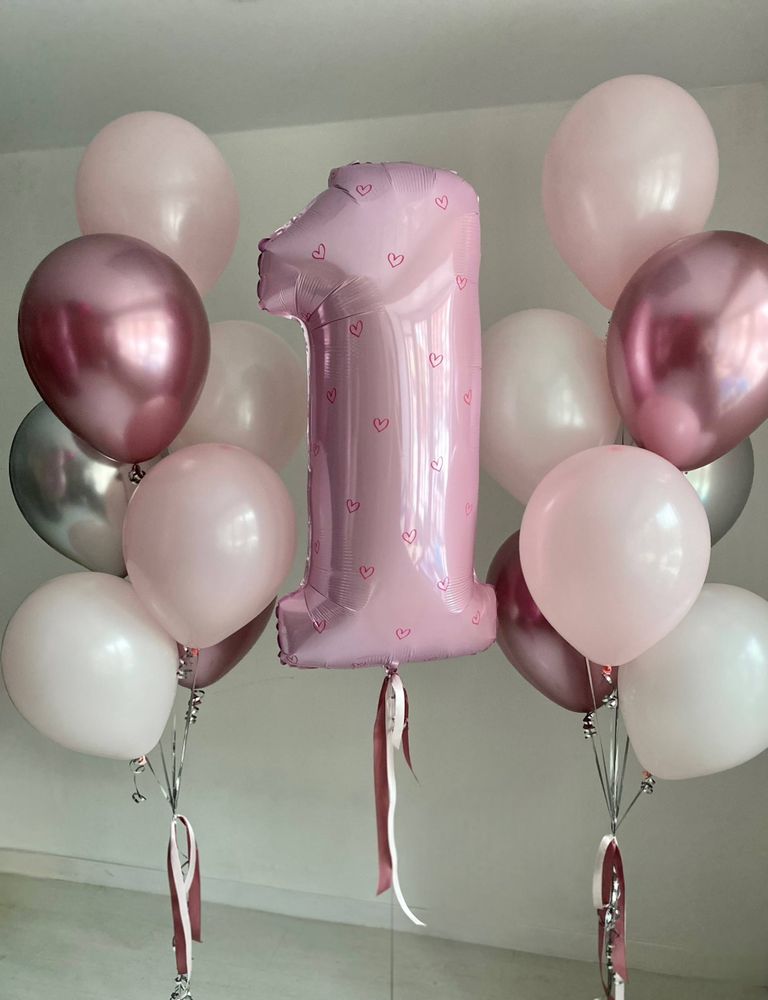 Воздушные шары на годик ребенку цифра 1 розовая серебро/розовый/белый №4191
