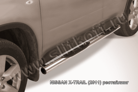 Пороги из нержавейки Nissan X-Trail (2011-2015) d76 с проступями (черный цвет)