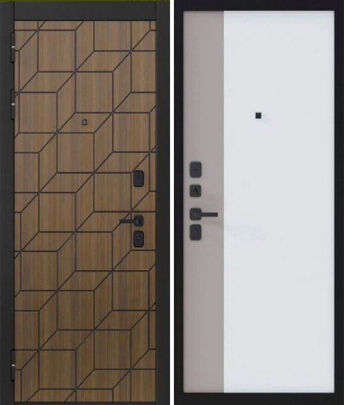 Входная дверь Волга-Бункер ФОРТИС Чёрный муар+Орех Ларче - Софт белый+Vellute crema