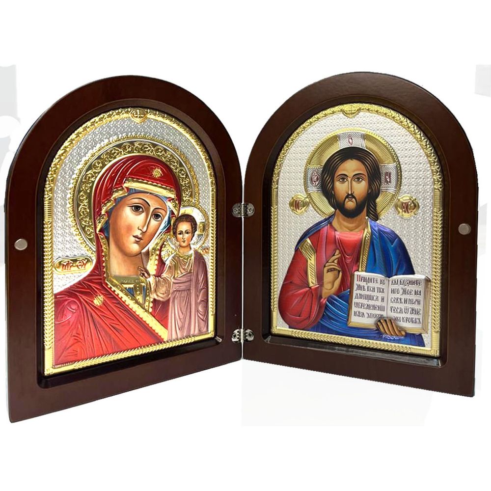 Казанская икона и Иисус Христос Спаситель. Венчальная пара в серебряном окладе в складне.