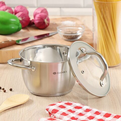 Кастрюля нерж, 2 л, с крыш, крышка стекло, Daniks, Перл, GS-01205-16, индукц