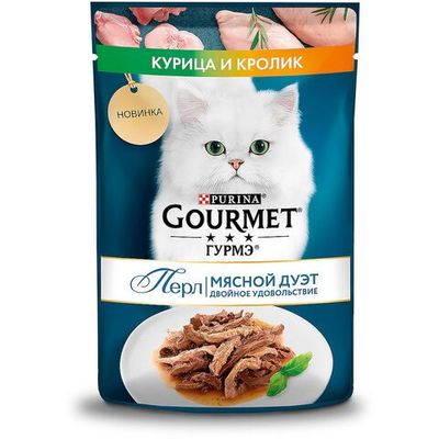 Влажный корм Gourmet® Гурмэ Перл Мясной Дуэт для кошек нежное филе курицы и кролика в соусе, пауч 75 г