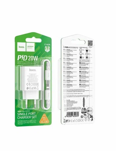 Сетевой адаптер питания HOCO C143A PD 20W+ кабель Type-C - Lightning (белый)