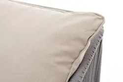 "Канны" диван 3-местный плетеный из роупа, каркас алюминий белый муар, роуп светло-серый круглый, ткань бежевая 15052