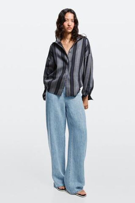 Massimo Dutti Джинсы с высокой талией и зауженным кроем из 100% льна, светло-голубой