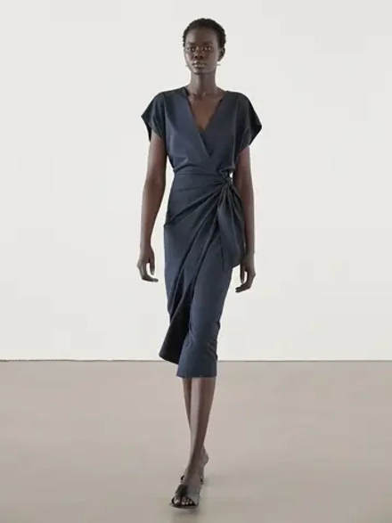 Massimo Dutti Платье миди из поплина с запáхом, синий