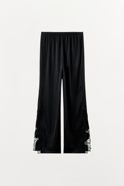 ZARA АТЛАСНЫЕ БРЮКИ С КРУЖЕВОМ, ЧЕРНЫЙ