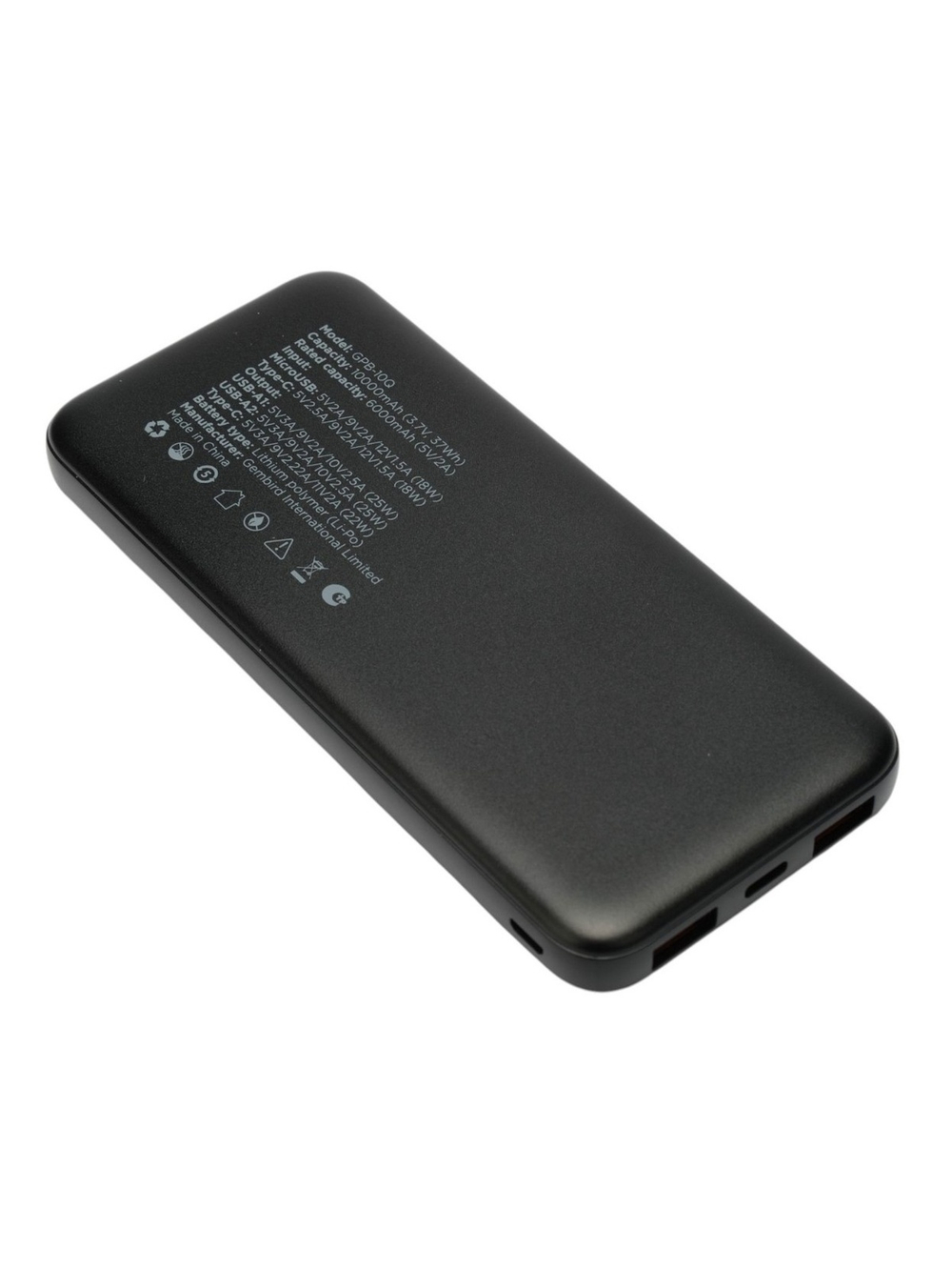Gembird Портативный аккумулятор, 10000мАч, QC/PD, дисплей, черный (GPB-10Q)