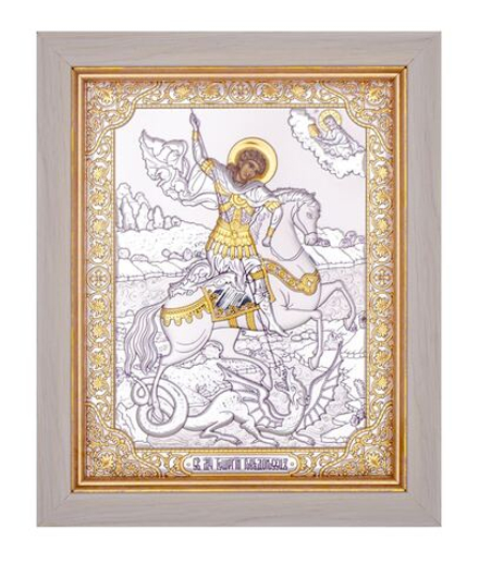 Георгий Победоносец, икона прямоугольная в рамке под стеклом, белое дерево 232х280