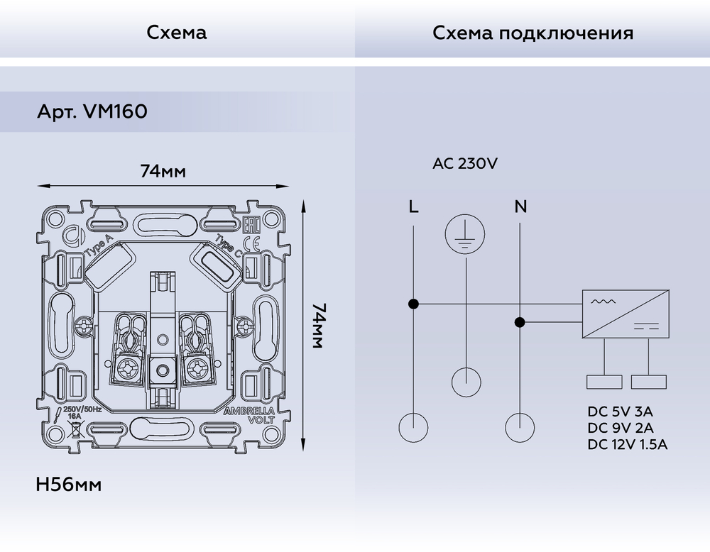 VM160 Механизм электрической розетки 2USB A+C 20W (быстрая зарядка) с/з на винтовых зажимах QUANT