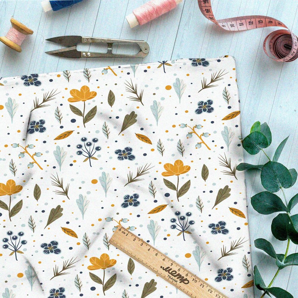 Ткань кулирная гладь болотные листья и цветы на белом фоне