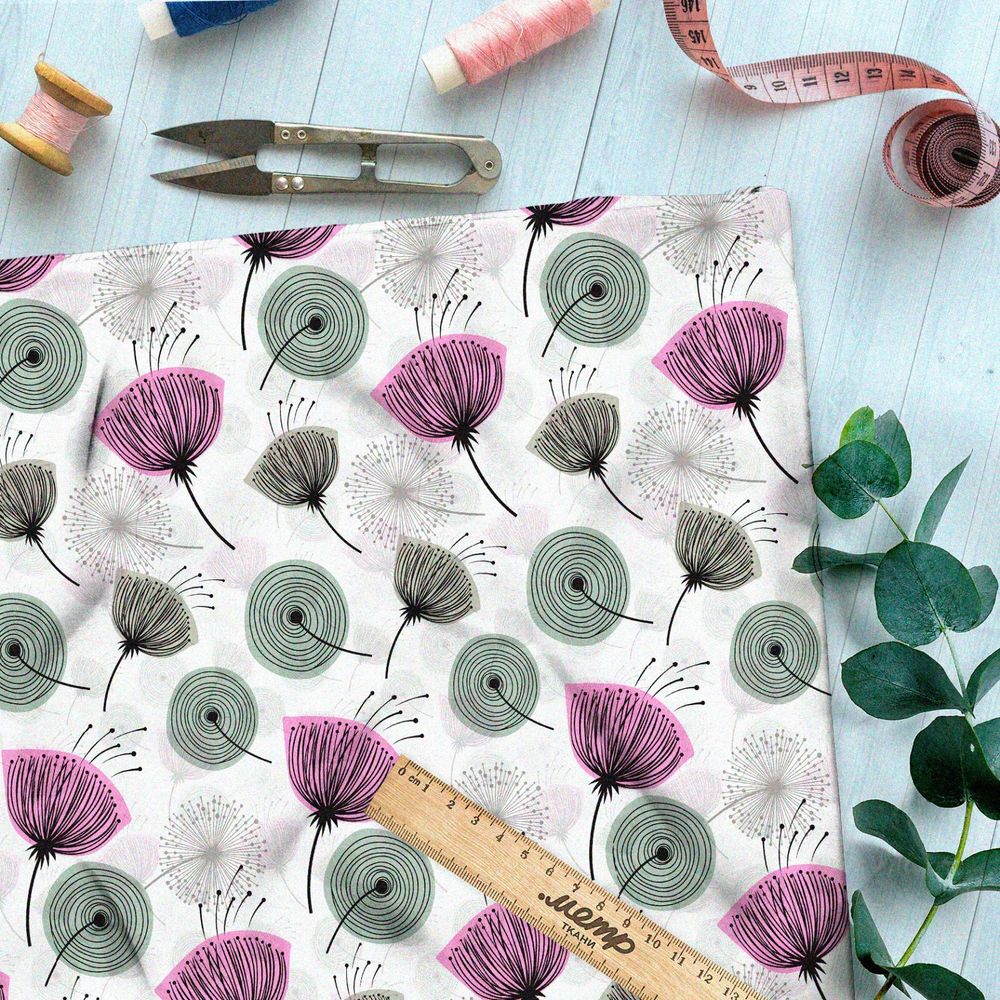 Ткань оксфорд 210 цветные одуванчики на белом фоне