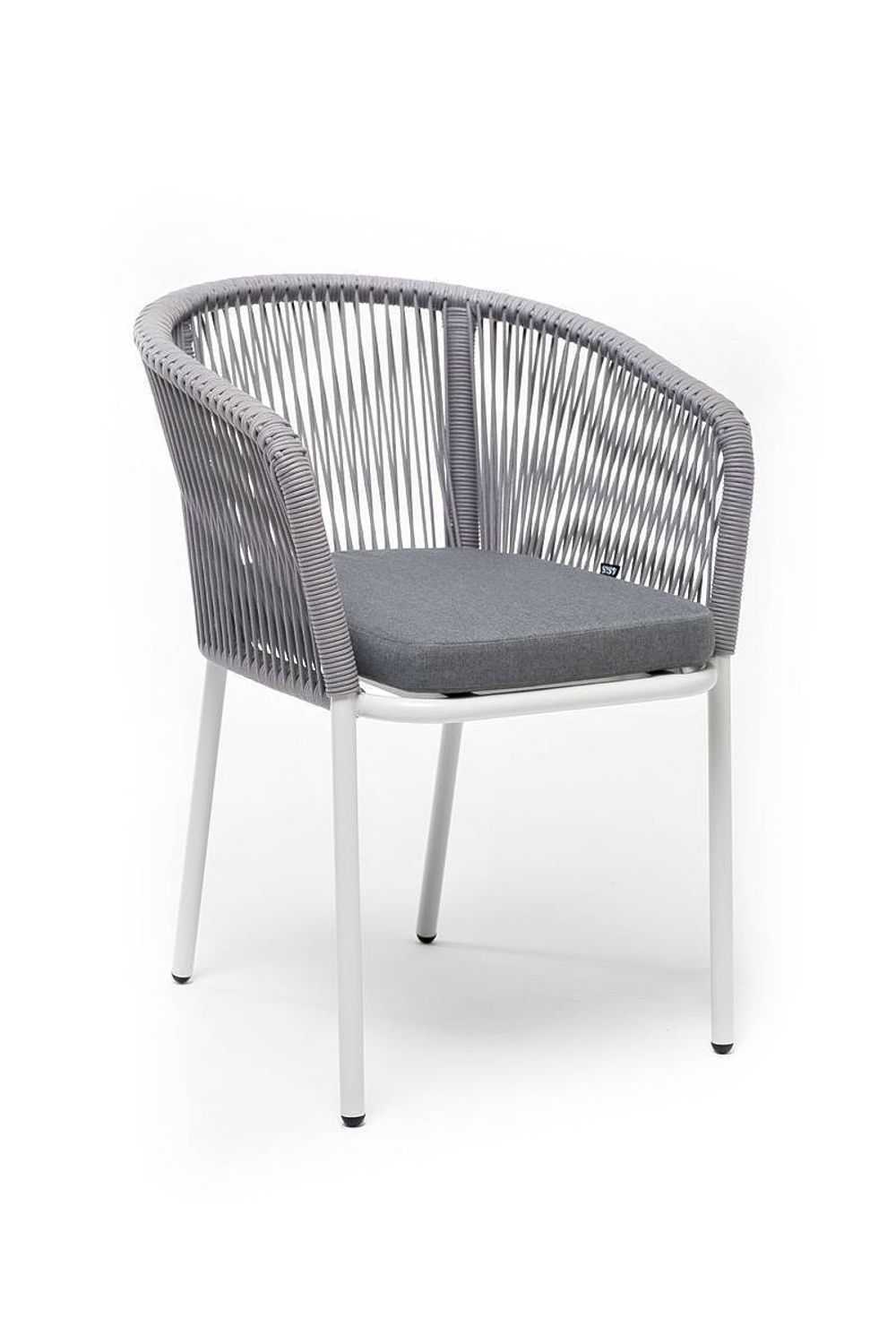 "Марсель" стул плетеный из роупа, каркас алюминий белый шагрень, роуп светло-серый круглый, ткань светло-серая