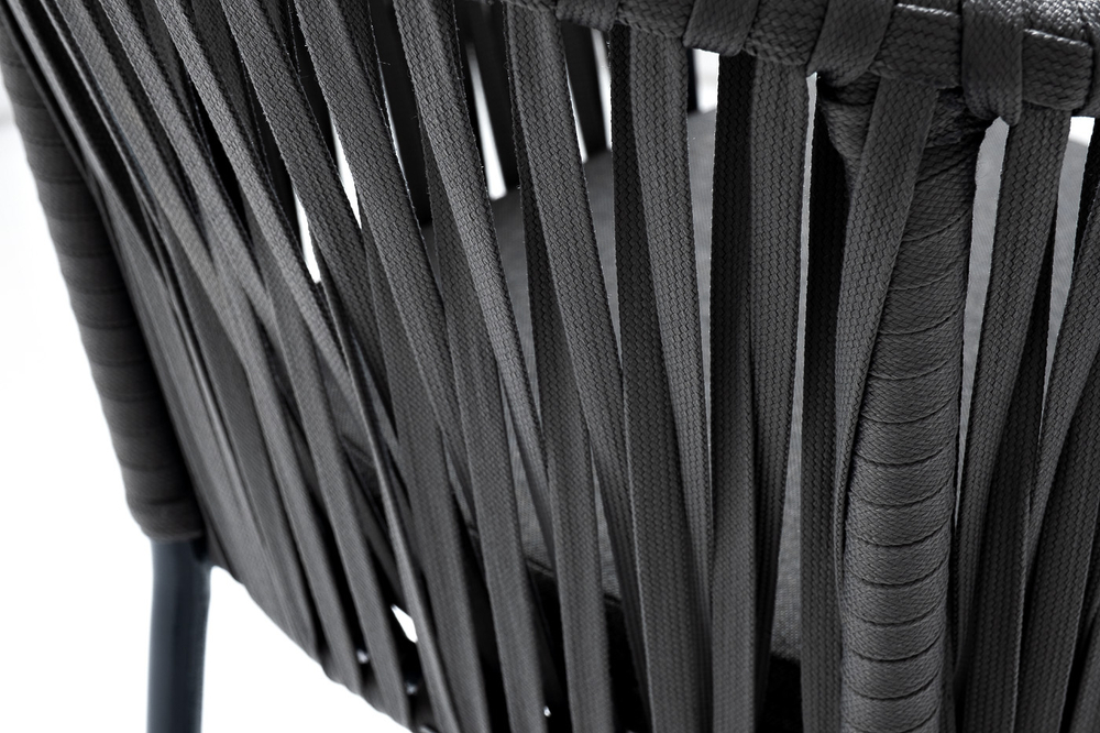 "Бордо" стул барный плетеный из роупа, каркас из стали темно-серый (RAL7024) муар, роуп серый 15мм, ткань темно-серая 027