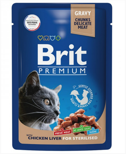 Влажный корм для стерилизованных кошек Brit Premium 0,085кг куриная печень в соусе пауч, 14 паучей
