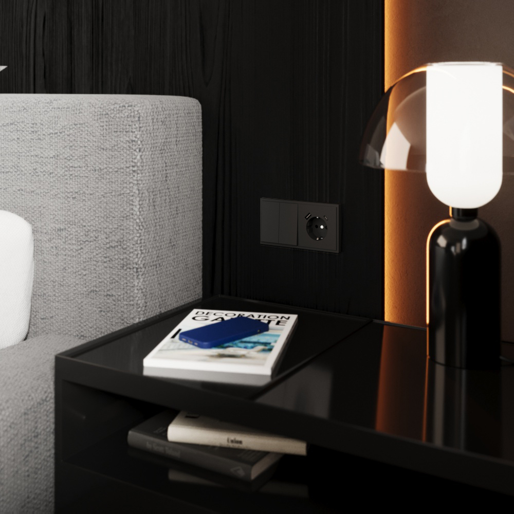 Перекрестный переключатель встраиваемый VOLTUM S70 двухклавишный 10А, (черный матовый)