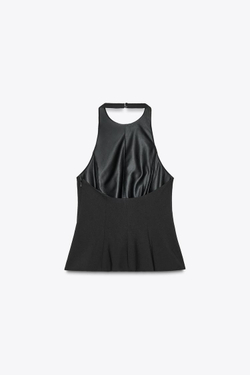 ZARA ТОП ИЗ ЭЛАСТИЧНОЙ ТКАНИ С ГОРЛОВИНОЙ ХАЛТЕР И БАСКОЙ, ЧЕРНЫЙ
