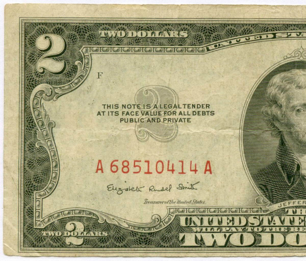 Банкнота США 2 доллара 1953B A 68510414 A. F