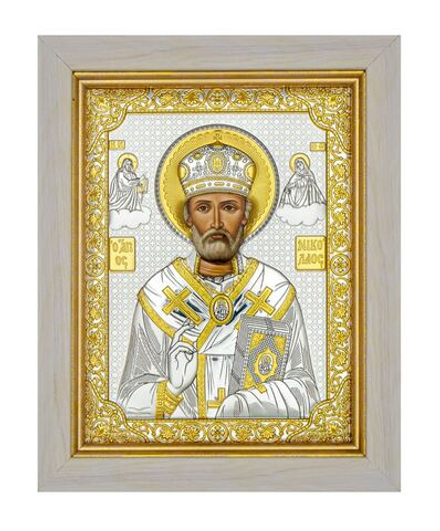 Николай Чудотворец, икона прямоугольная в рамке под стеклом, белое дерево 206х258