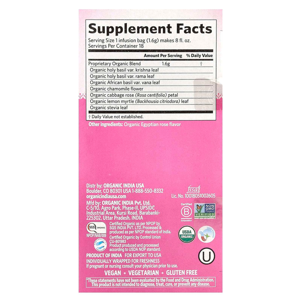 Organic India, чай с сладкой розой, тулси, без кофеина, 18 пакетиков для заваривания, 28,8 г (1,01 унции)