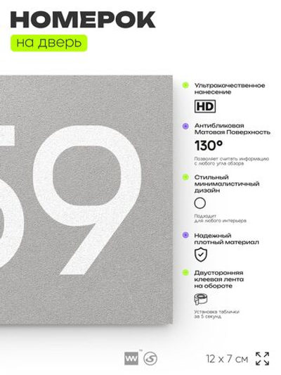 Номер на дверь 259, табличка на дверь для офиса, квартиры, кабинета, аудитории, склада, серая 120х70 мм, Айдентика Технолоджи