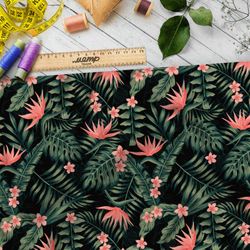 Ткань мембрана экзотические розовые цветы и папоротник