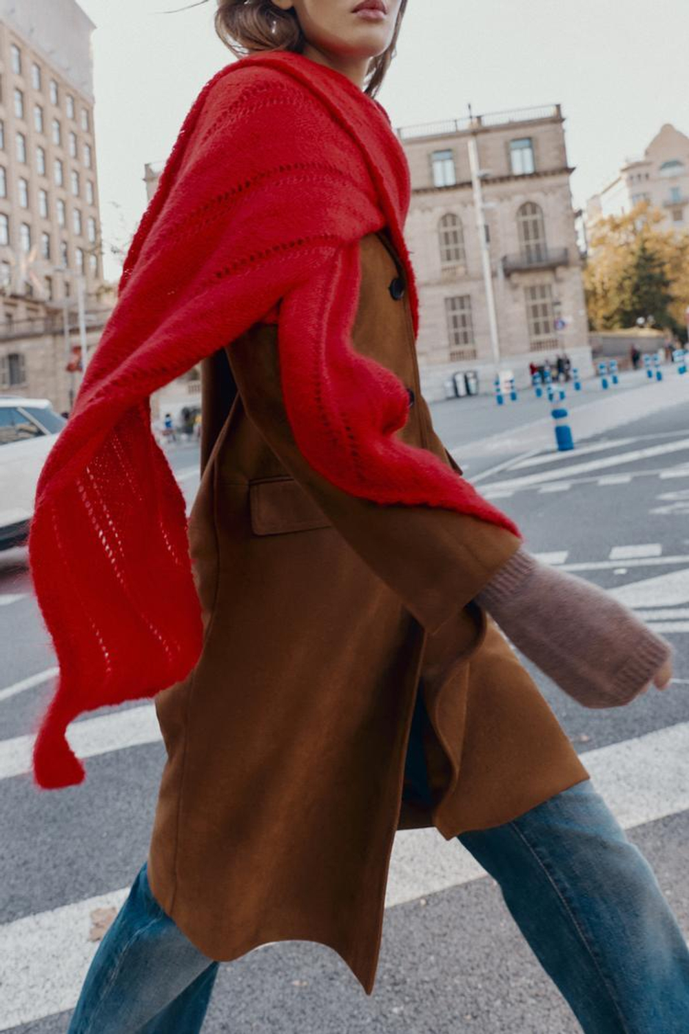 ZARA ТРЕУГОЛЬНАЯ ШАЛЬ С АЖУРНЫМ УЗОРОМ, КРАСНЫЙ