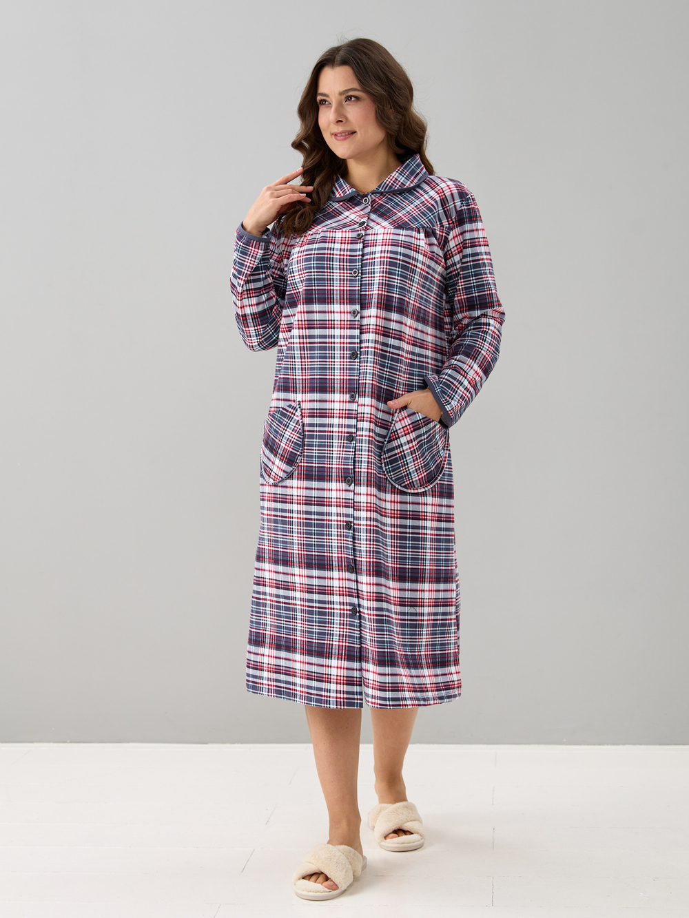 Халат Х-138/клеткасерая-краснобелая