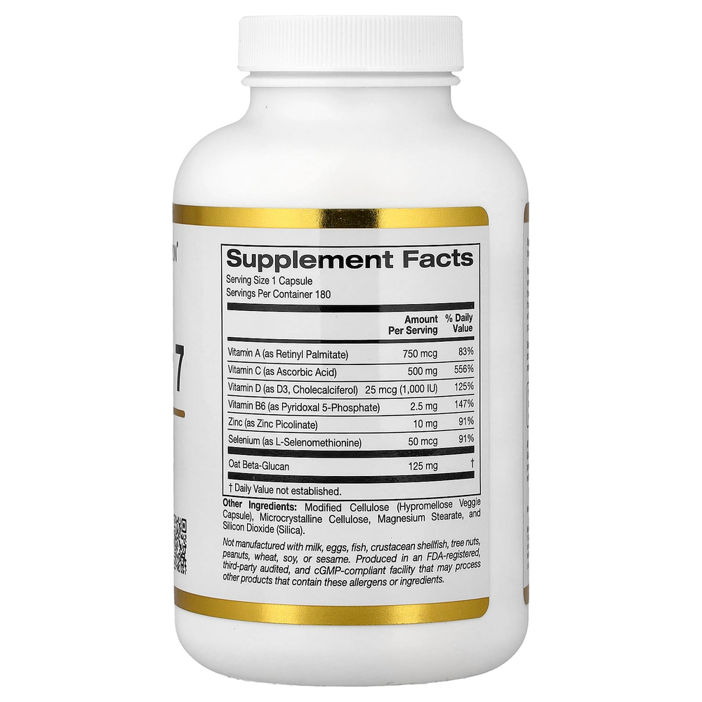 California Gold Nutrition, Defender 7, добавка с витаминами A, C, D3 и B6, цинком, селеном и бета-глюканом, 180 растительных капсул