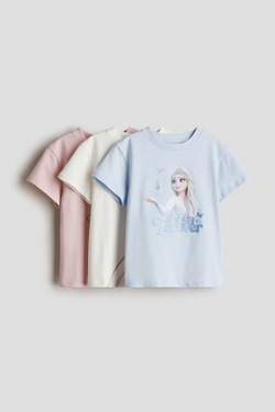 H&M Набор из трех хлопковых футболок с принтом, светло-голубой