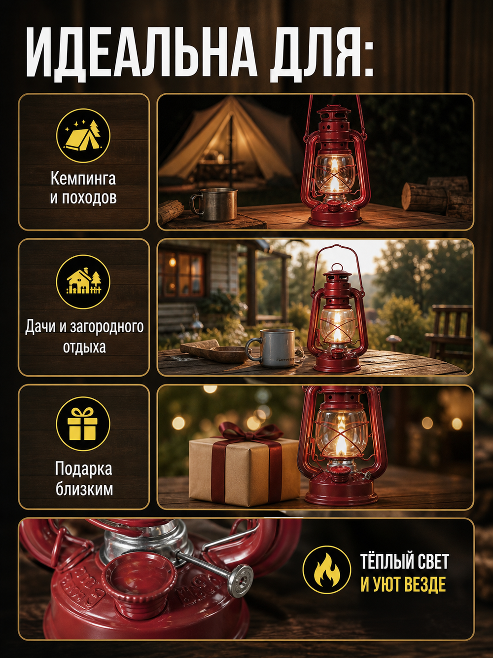Лампа керосиновая «Винтаж» 19см 110мл переносная, цвет красный