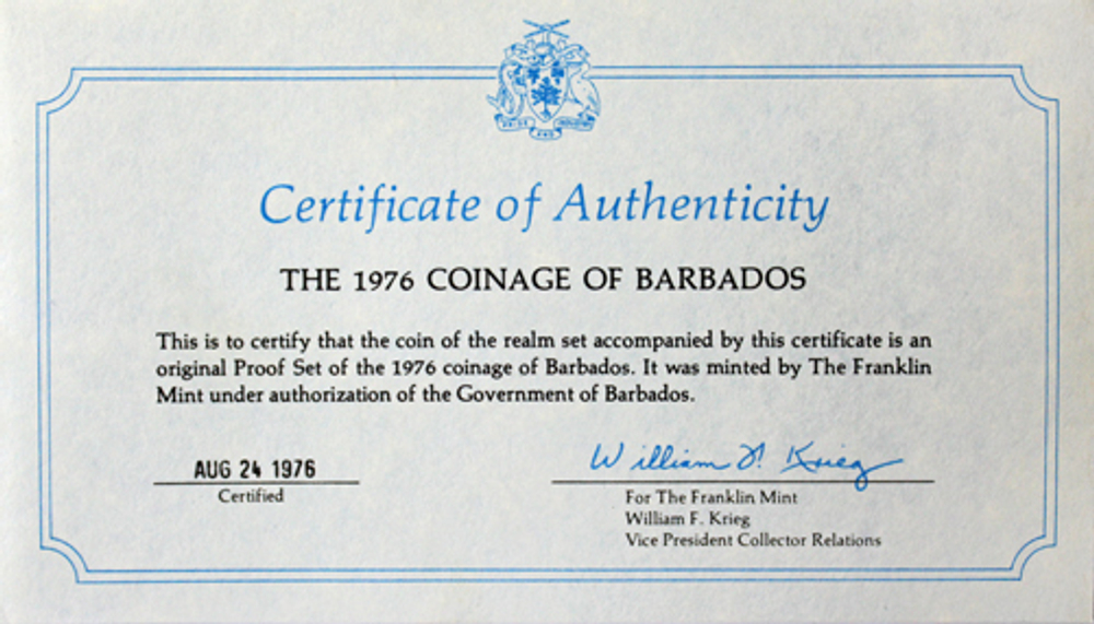 Набор монет Барбадоса 1976 г. (10 лет независимости). PROOF с сертификатом в родной коробке