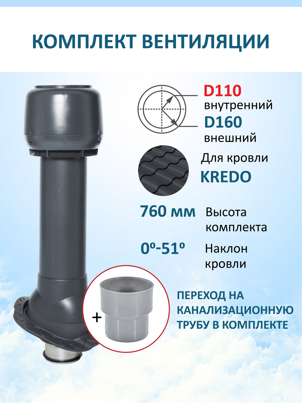 Колпак D160, вент. выход утепленный высотой Н-700 с переходом D110, для металлочерепицы Kredo