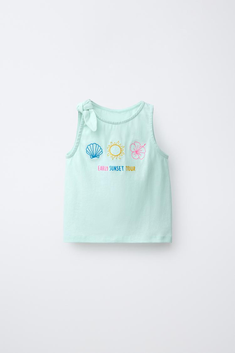 ZARA ФУТБОЛКА С УЗЛОМ И ТРОПИЧЕСКОЙ ВЫШИВКОЙ, ЦВЕТ МОРСКОЙ ВОЛНЫ