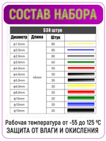 Термоусадка для проводов, 530 шт. Набор термоусадочных трубок в пластиковом кейсе, 8 размеров
