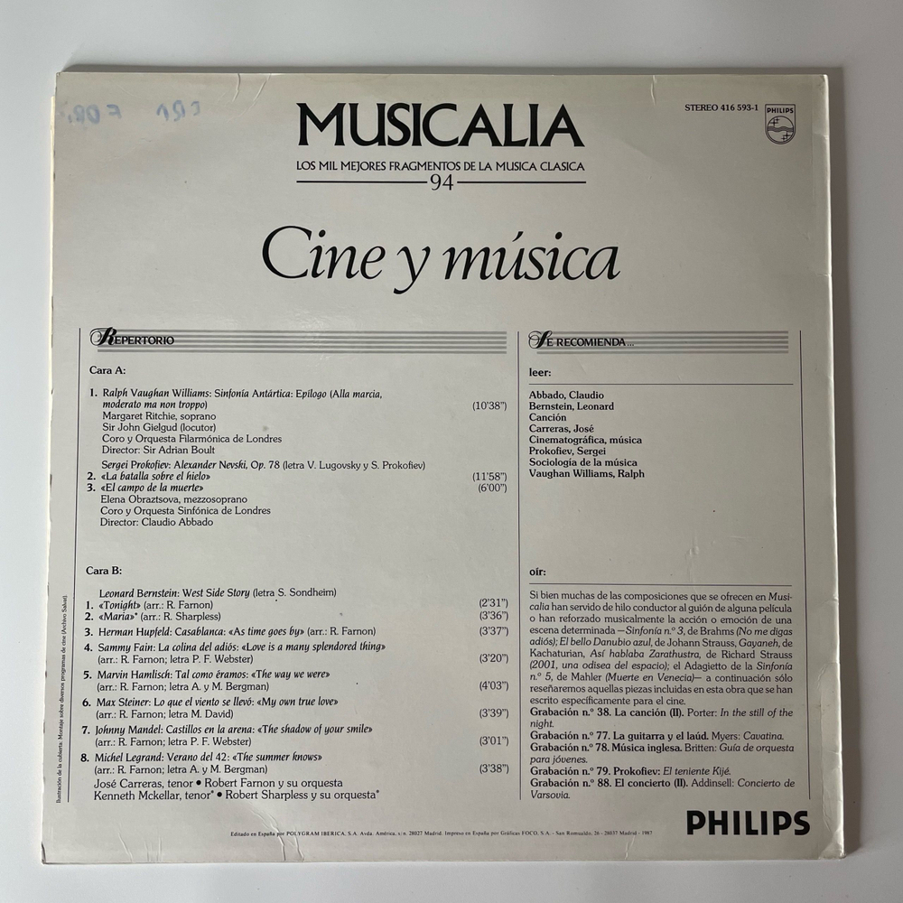 Винтажная виниловая пластинка LP Сборник Музыка Из Кинофильмов Musicalia 94. Cine Y Musica (Испания 1987) (Касабланка, Уснесенные Ветром и др)