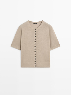 Massimo Dutti Кардиган с короткими рукавами из смесовой льняной ткани, светло-зеленый