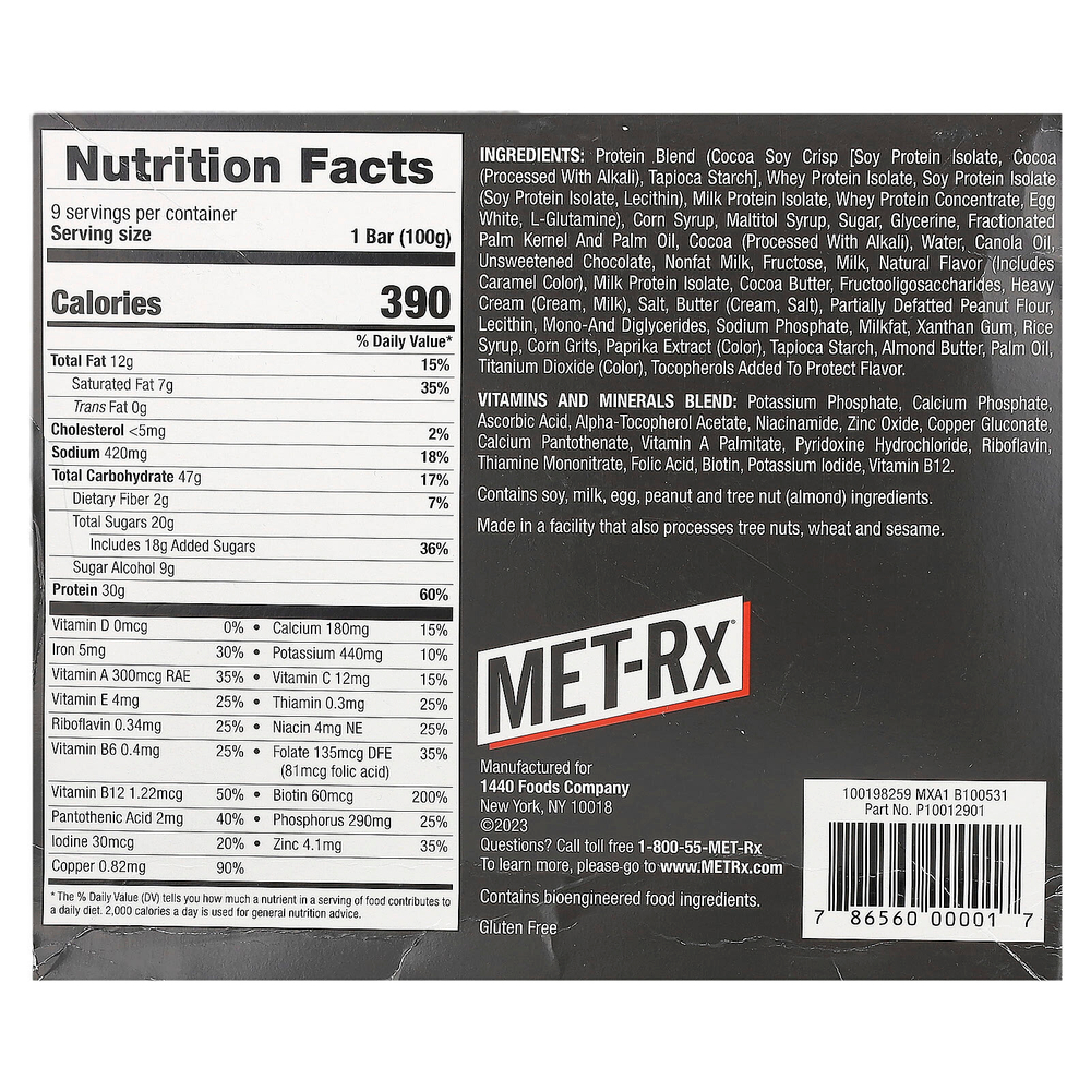 MET-Rx, Big 100, батончик, заменяющий прием пищи, хрустящий брауни с соленой карамелью, 9 батончиков по 100 г (3,52 унции)