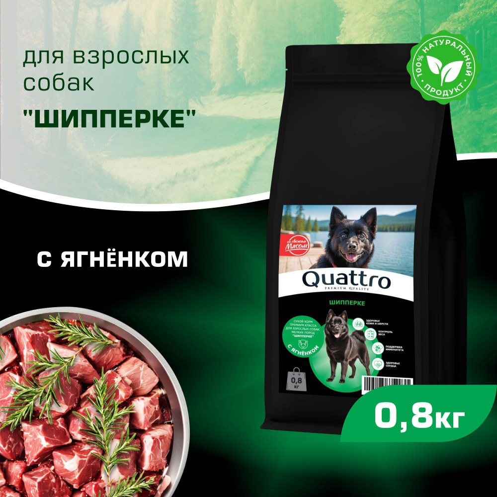 Корм сухой для взрослых собак породы Шипперке, с ягненком, 800 гр, QUATTRO
