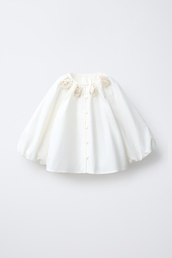 ZARA РУБАШКА ИЗ ПОПЛИНА С 3D-ЦВЕТАМИ, ЖЕЛТОВАТО-БЕЛЫЙ