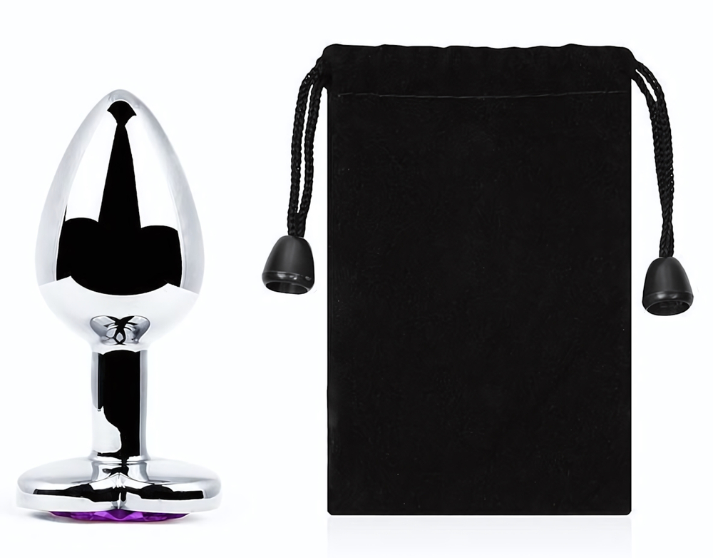 Серебристая анальная пробка с фиолетовым кристаллом-сердечком - 8 см. (Цвет: фиолетовый)