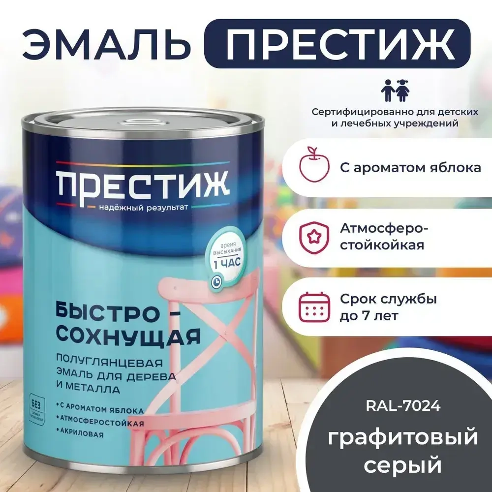 Краска ГРАФИТОВЫЙ СЕРЫЙ RAL-7024 БЫСТРОСОХНУЩАЯ ПОЛУГЛЯНЦЕВАЯ 0,9 кг БЕЗ Резкого Запаха Престиж Эмаль для дерева и металла акриловая